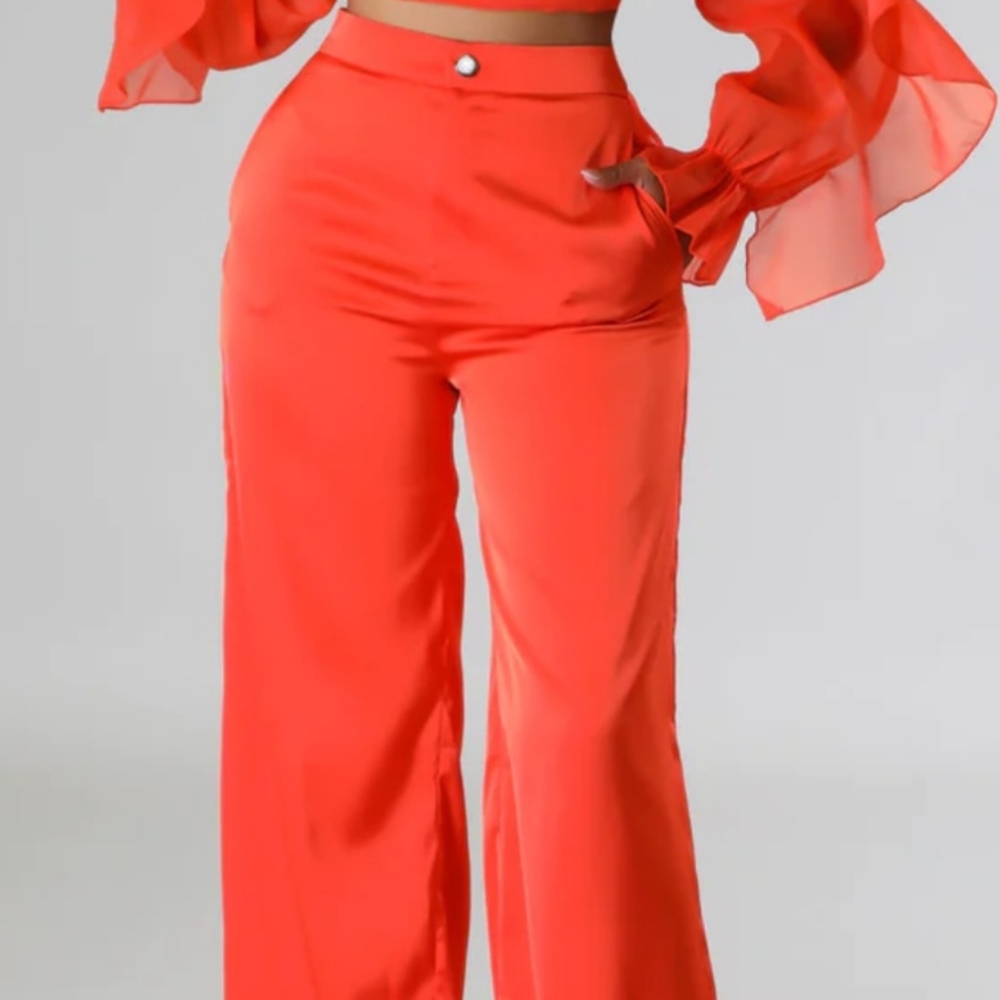 Orange two-piece satin pant set